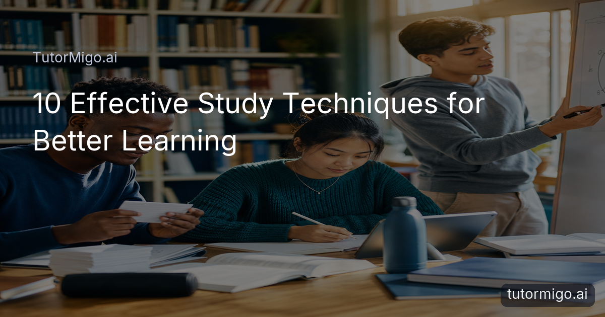 Three students use flashcards, handwritten notes, and a whiteboard while studying together in a bright library.