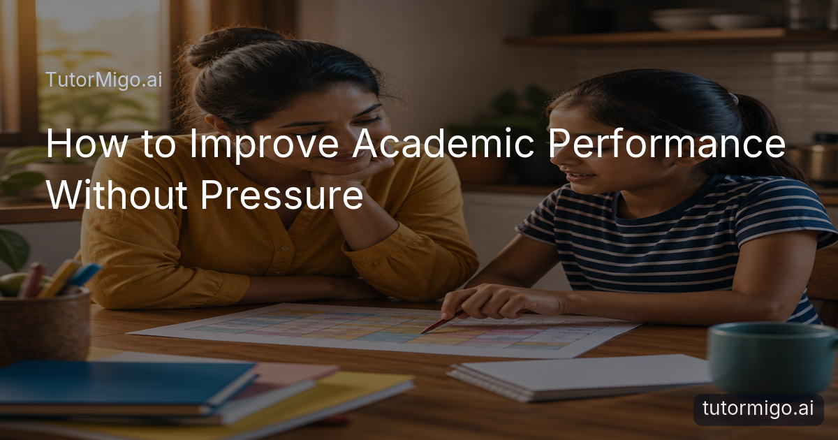 A parent and child calmly review schoolwork together at a kitchen table in a warm, supportive setting.