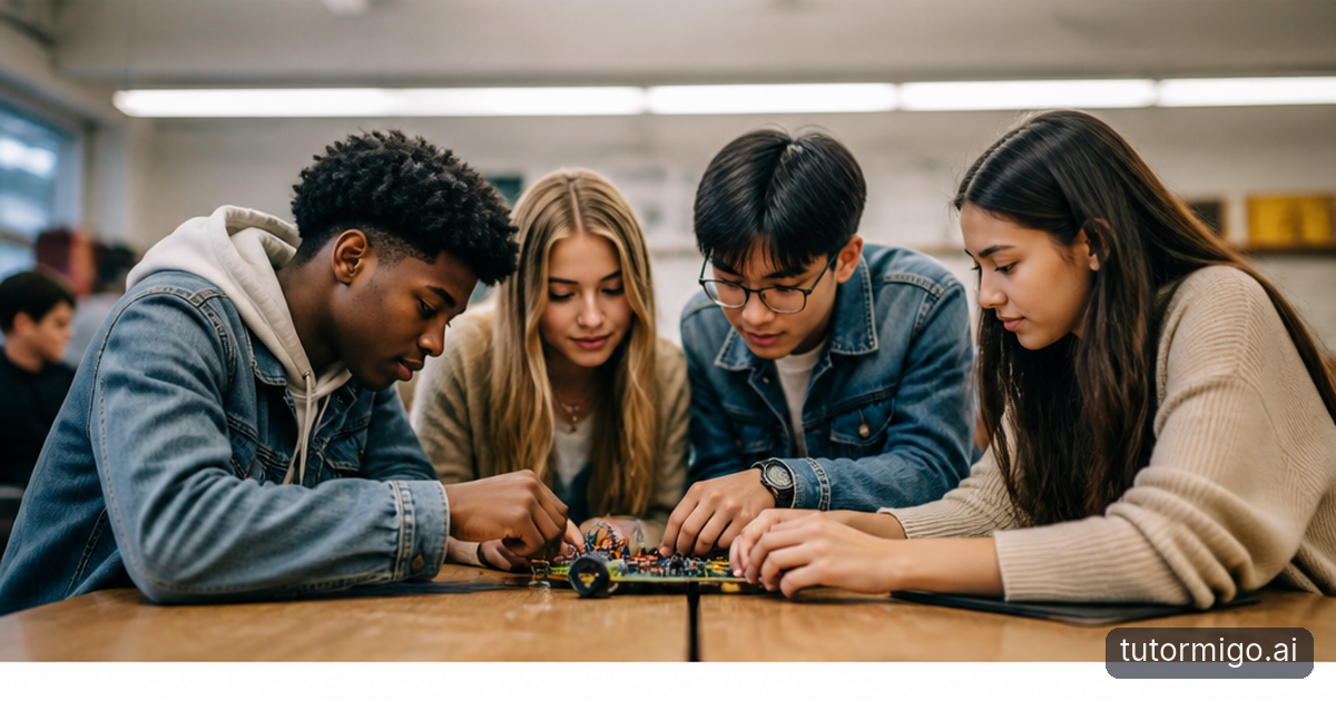Four high school students work together at a dining table while a nearby parent supports their focused study routine.