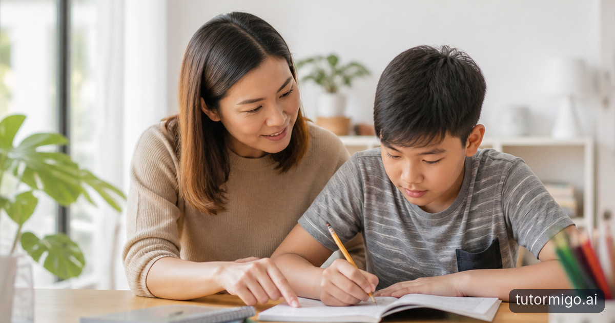 A parent and child celebrate a small learning success together at a sunlit kitchen table.
