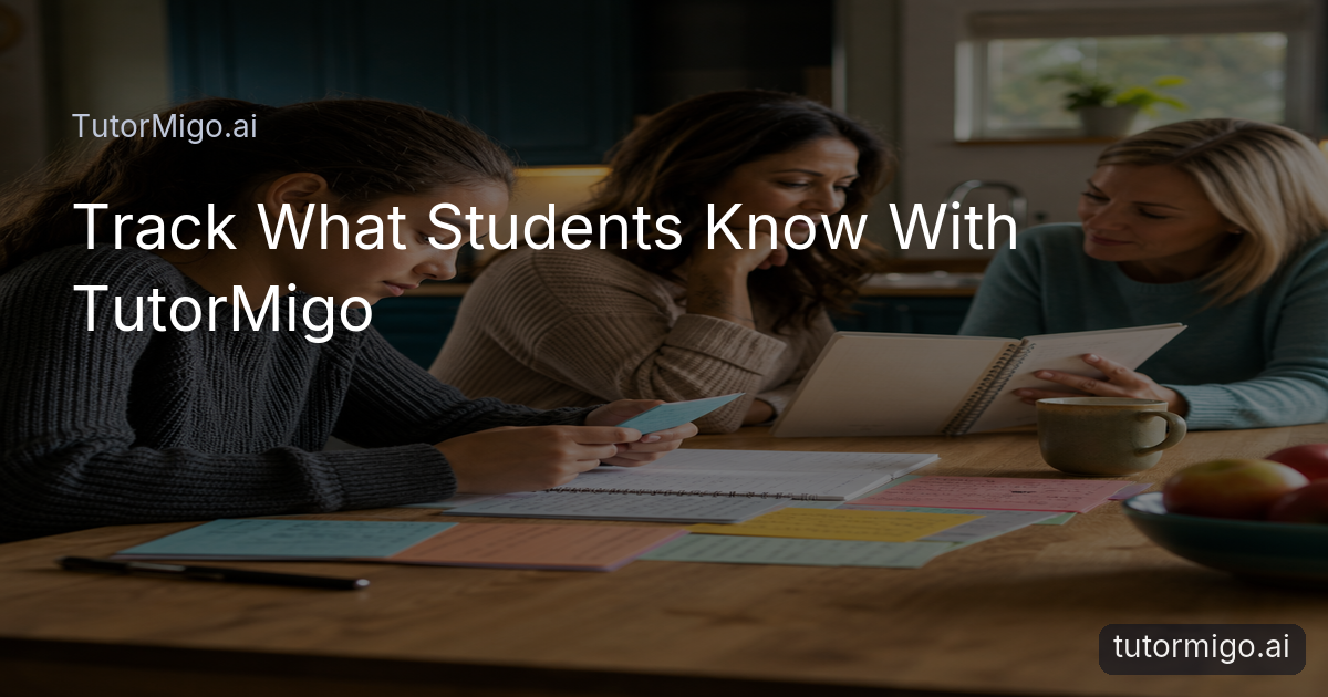A student reviews study cards and notes while an adult observes a simple learning record nearby.