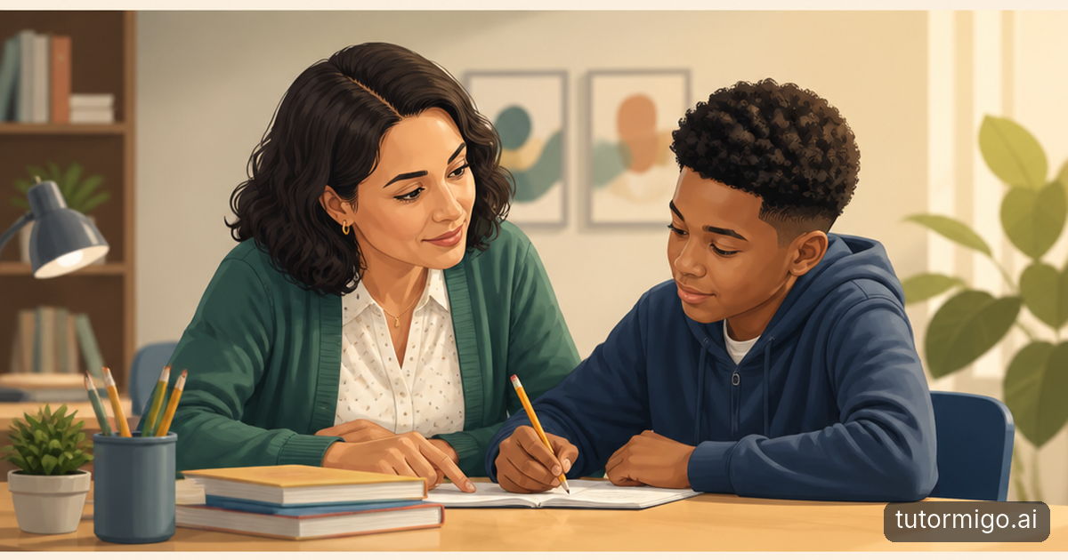 A teacher calmly supports a middle-school student as they work through a multi-step math problem at their own pace.