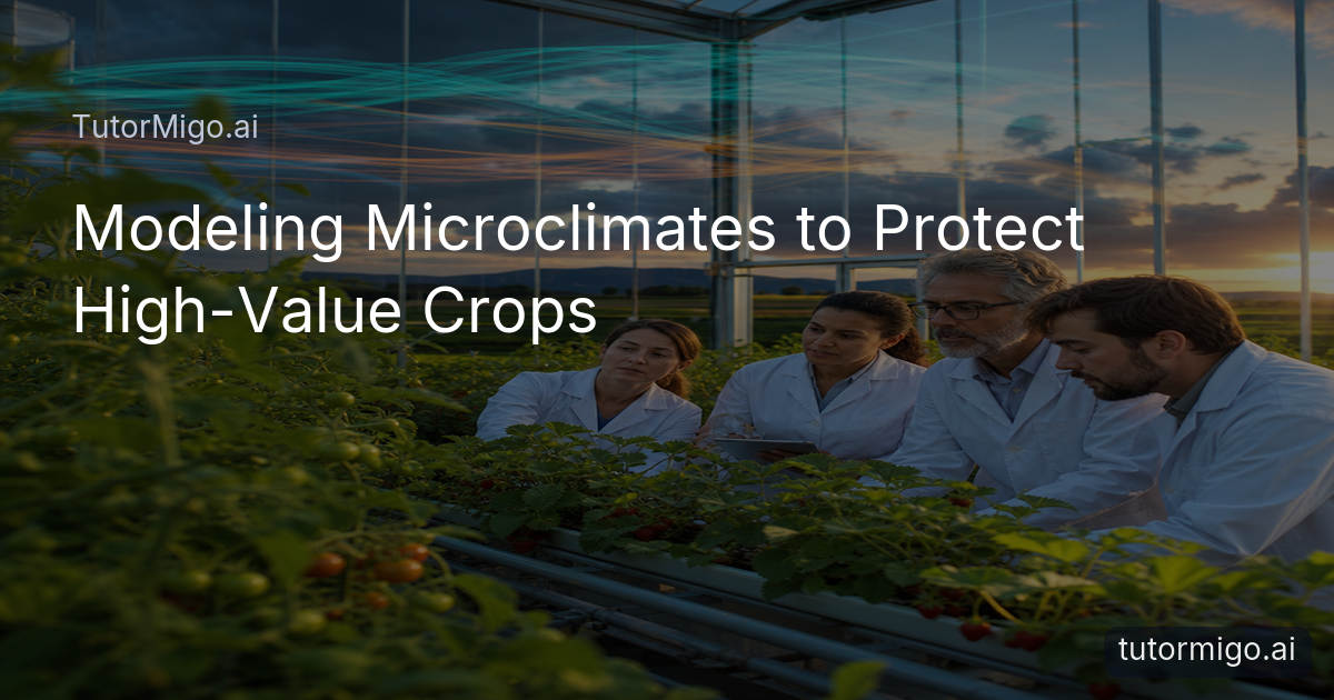 Agricultural scientists inspect sensitive crops in a greenhouse while visualized airflow patterns show how weather moves through the growing space.