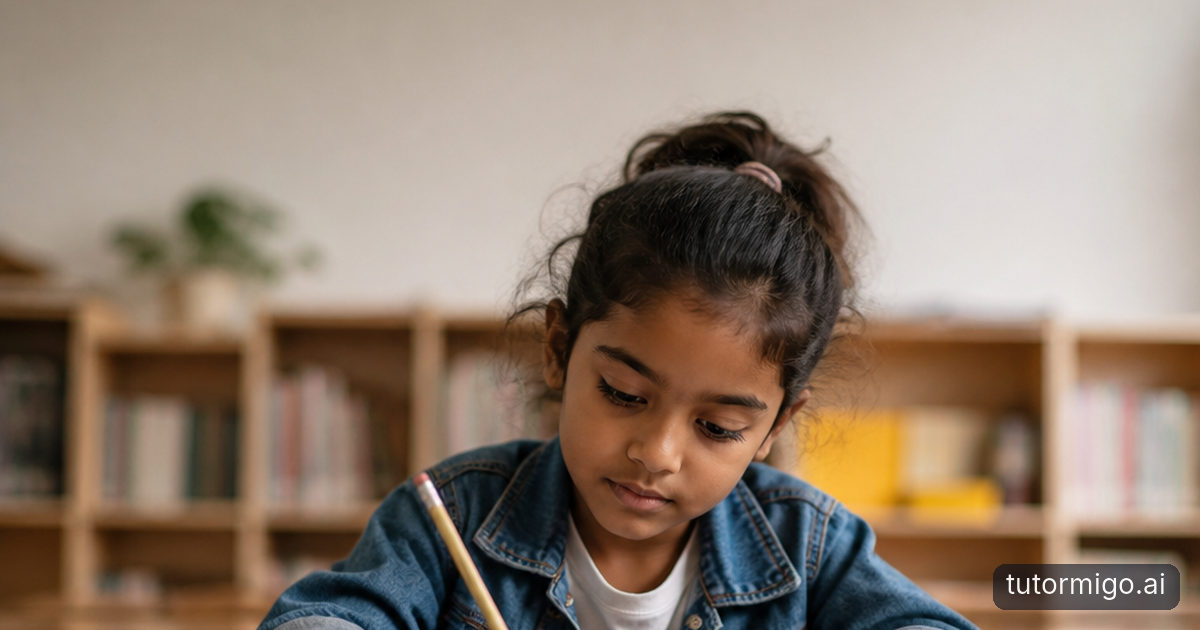 A parent listens as their child points to a difficult part of homework at a kitchen table.