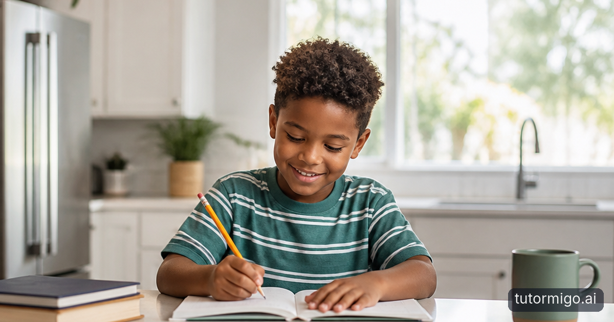 A parent listens calmly while a child works in a notebook at a kitchen table beside a timer and glass of water.