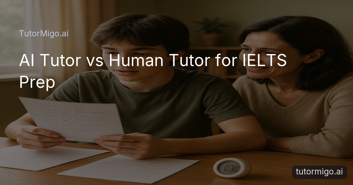 Teenager and parent working on IELTS speaking practice together at home.