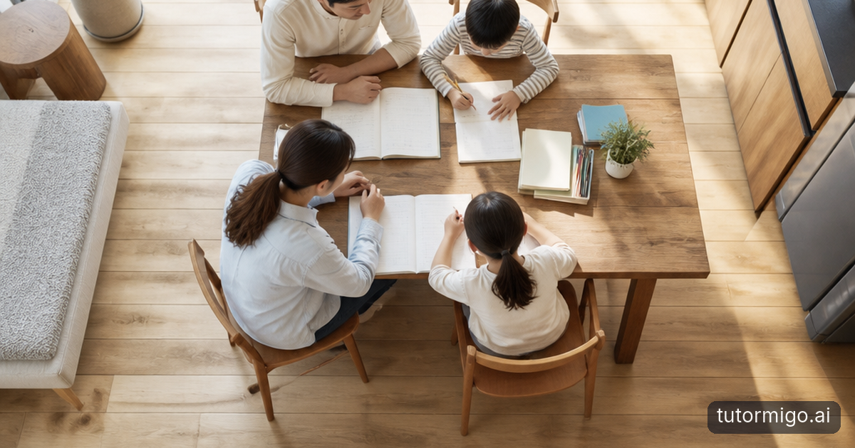Parents and a child talk over dinner while their devices sit in a basket away from the table.