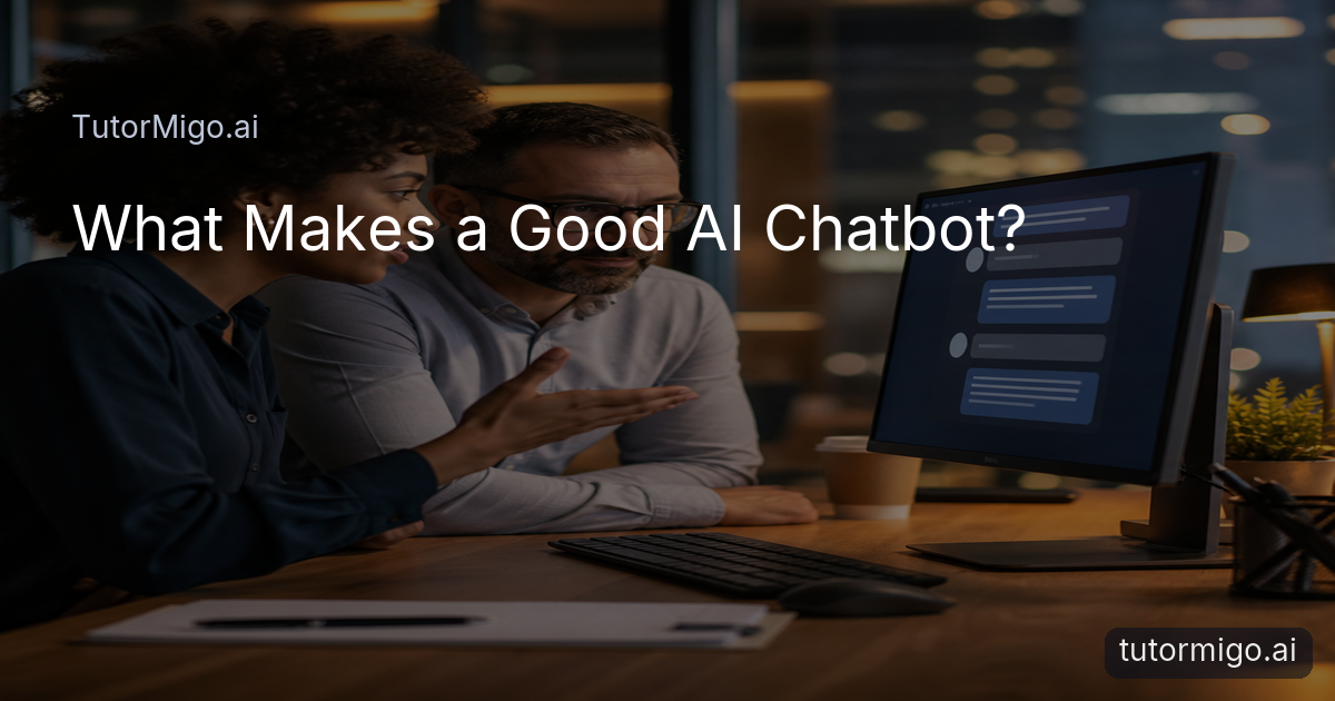 A customer service manager and website visitor review a helpful chatbot conversation on a computer screen.