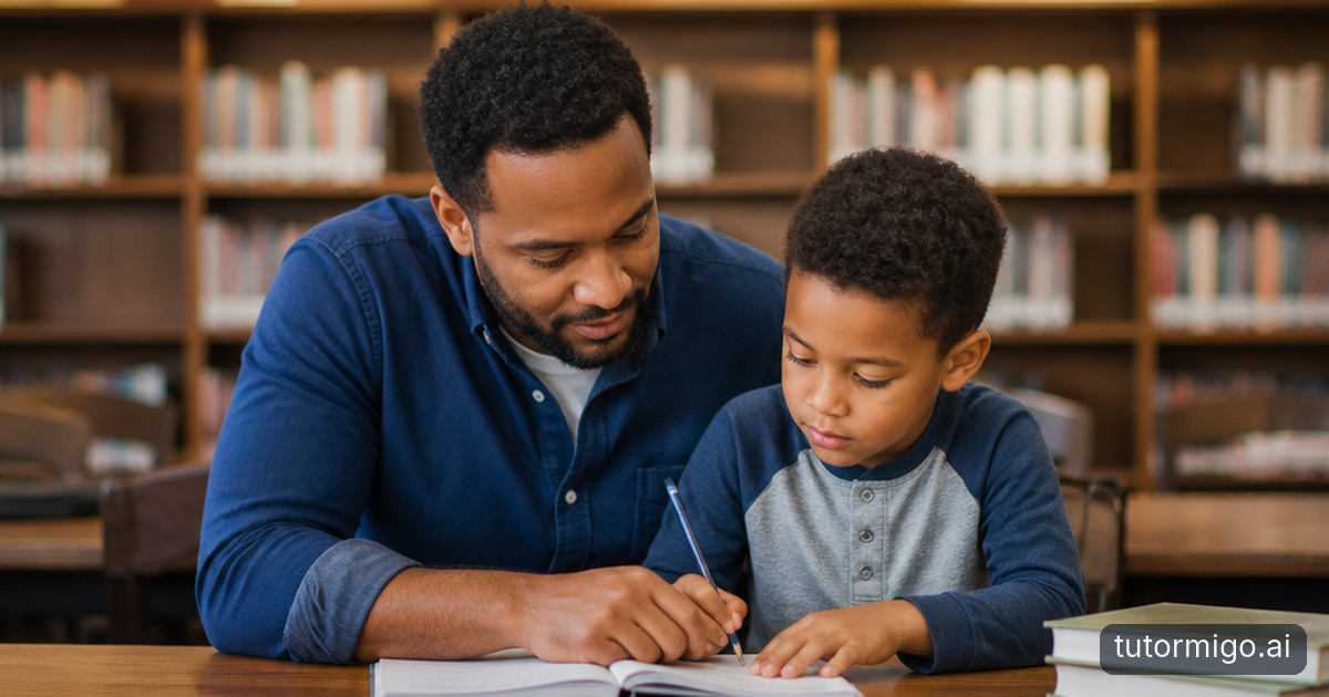 A parent listens as their child explains their thinking while they compare two practice pages at a kitchen table.