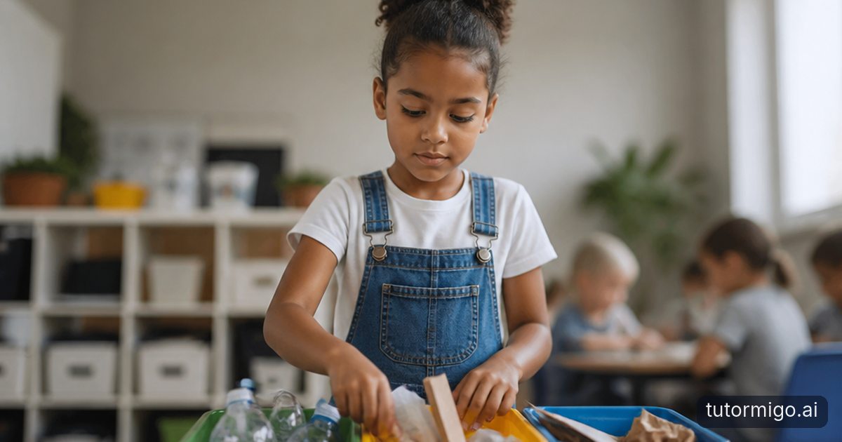 A parent and child review flashcards beside a hand-drawn water-cycle diagram at a sunlit kitchen table.