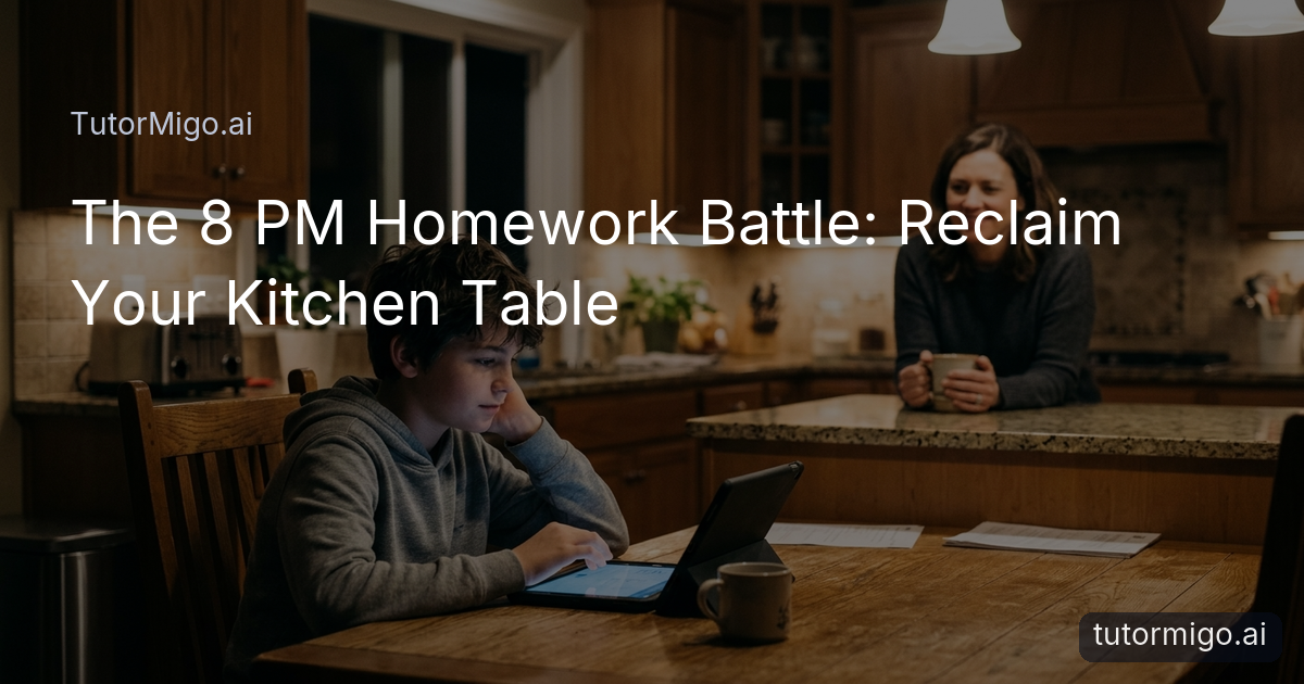 A mother and son in a peaceful kitchen at night, where the son is using a tablet for homework while the mother relaxes nearby with a cup of tea.