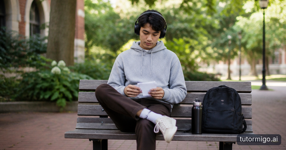 A student listens through headphones and reviews paper flashcards beside an open textbook and a hand-drawn concept map on a courtyard bench.