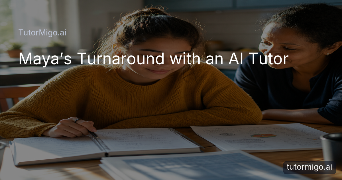 A high school student studies math and science at a kitchen table while a parent offers quiet encouragement.