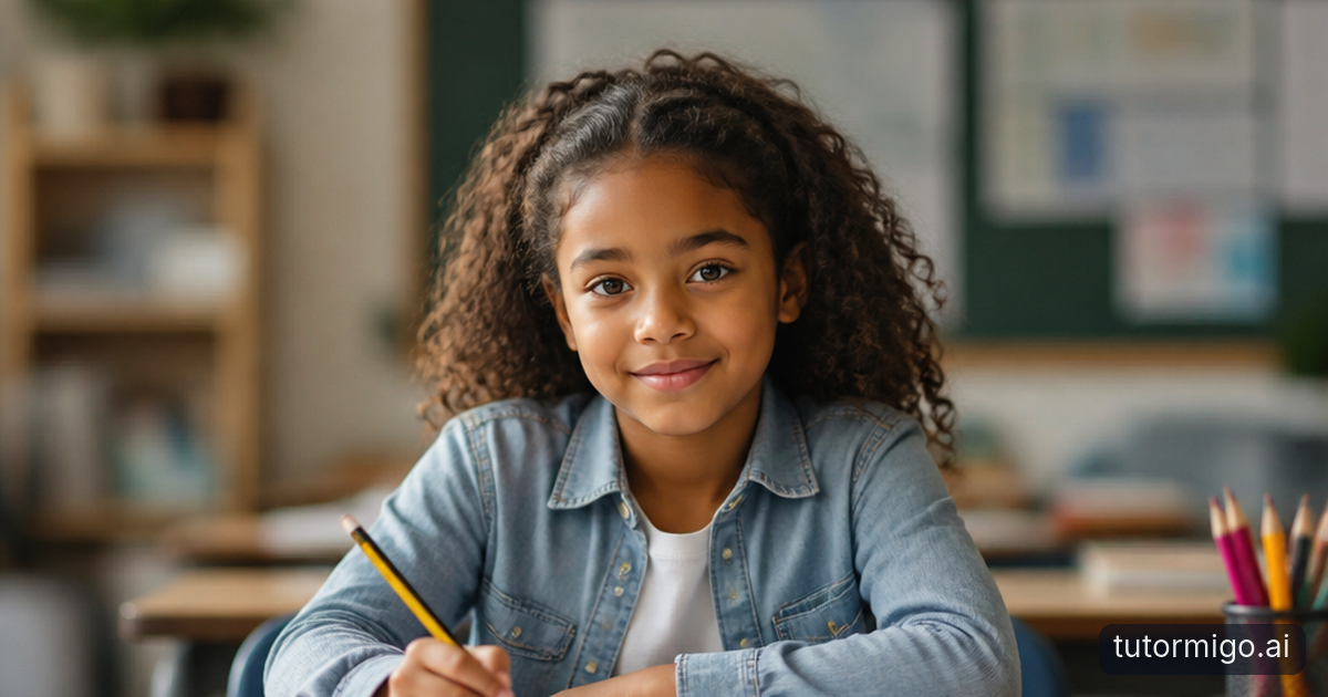 A child points to an open workbook while a parent sits back and listens at a kitchen table.