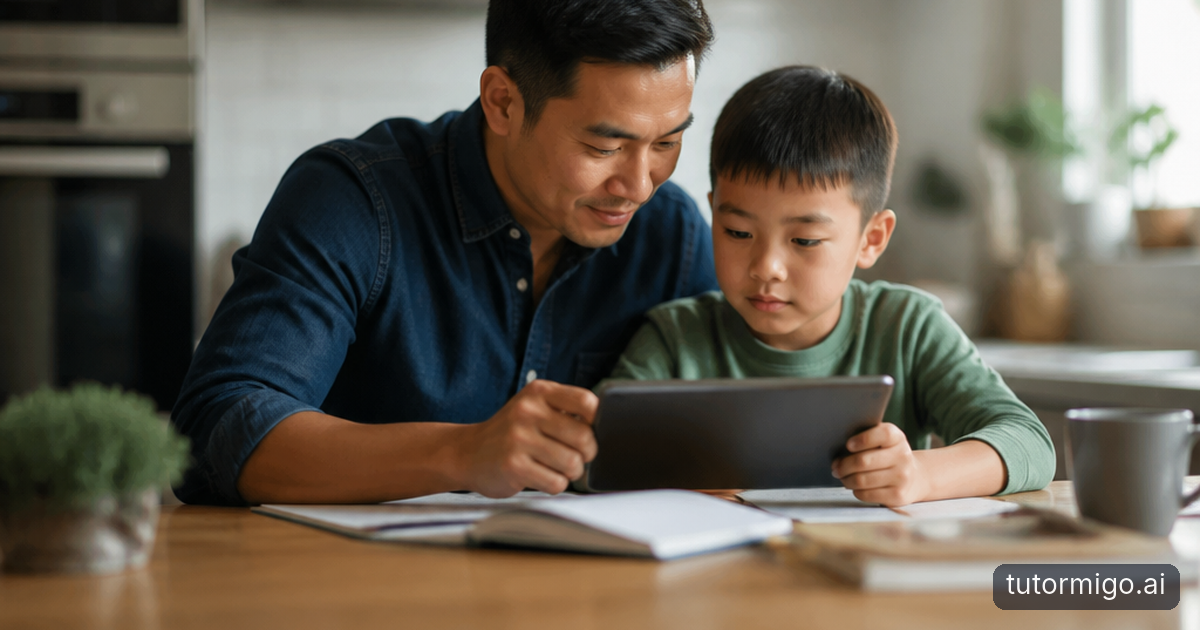 A parent and child review handwritten schoolwork together during a supervised home learning session.