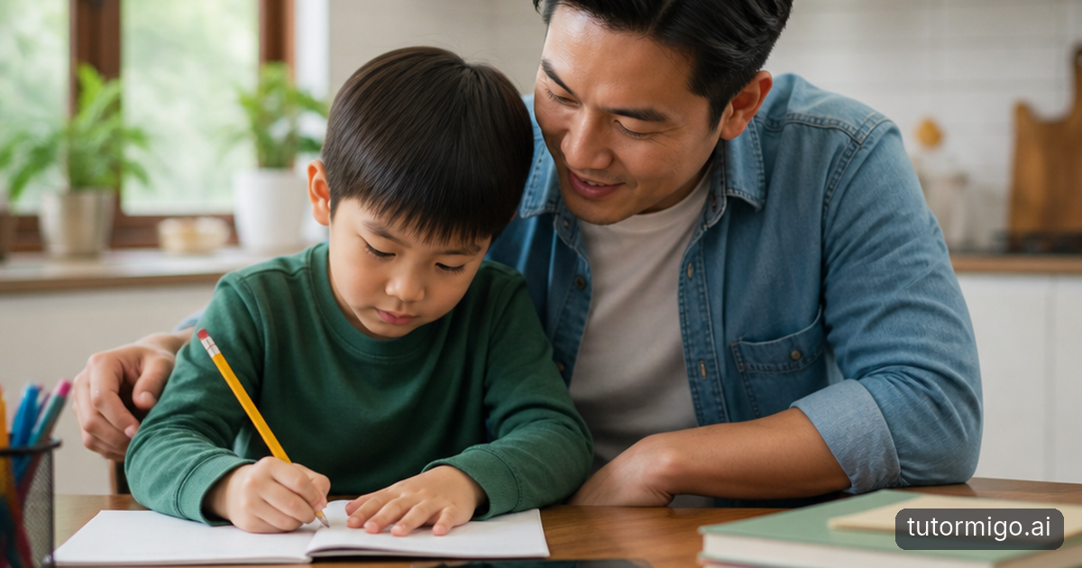 A parent clears a snack plate while a child opens a notebook at a sunlit kitchen table.