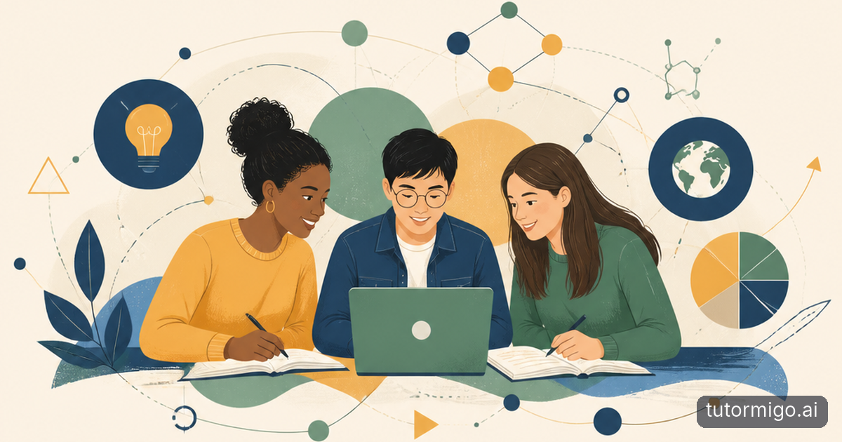 Three students collaborate in a library while applying a shared principle to a bridge model, a plant, and a community map.