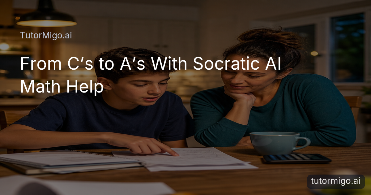 A student explains a math problem to a parent at a kitchen table during a guided study session.
