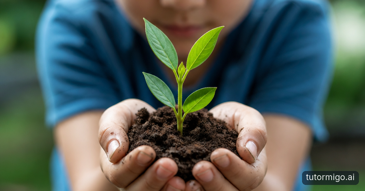 A parent listens as their child explores paper fraction strips beside a plant diagram at a sunlit kitchen table.
