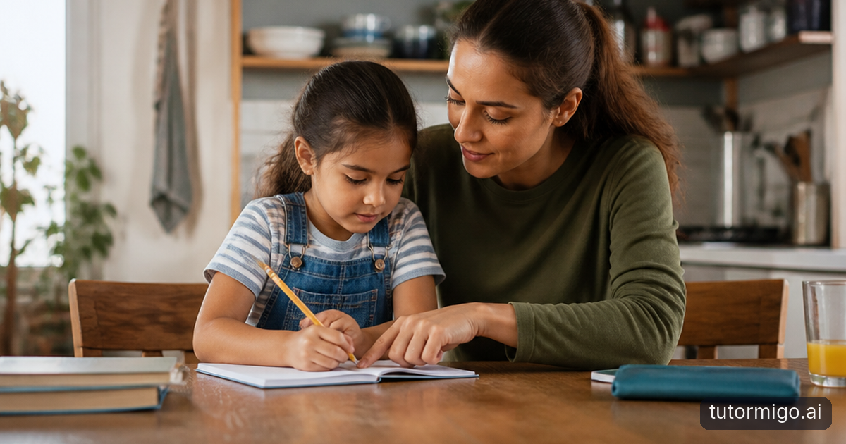 A parent and child arrange homework supplies at a shared kitchen table while another family member reads nearby.