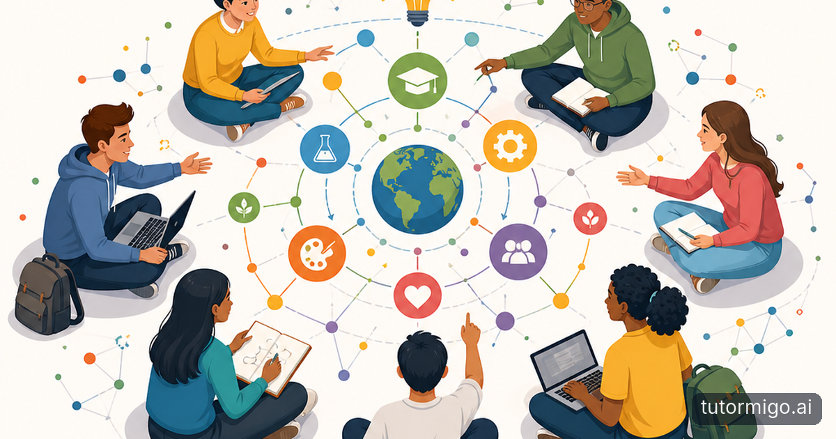 A teacher leads a language-rich story discussion with young students in a brightly lit classroom.