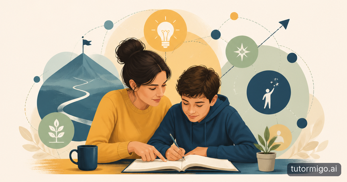 A parent and child organize a calm evening study routine with flashcards at a warmly lit kitchen table.