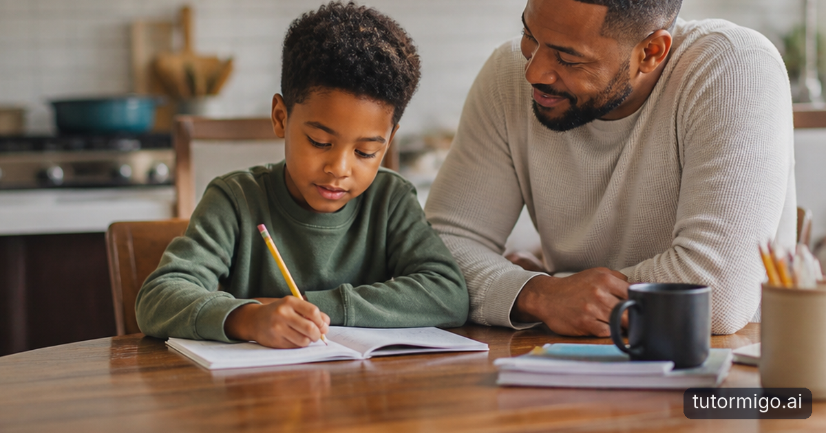A parent calmly listens beside a frustrated child working on homework at a kitchen table.