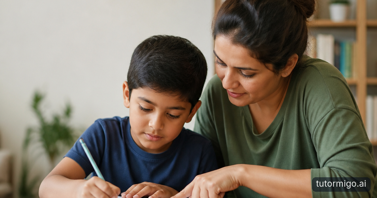 A parent and child discuss a science concept beside a simple household experiment at a kitchen table.