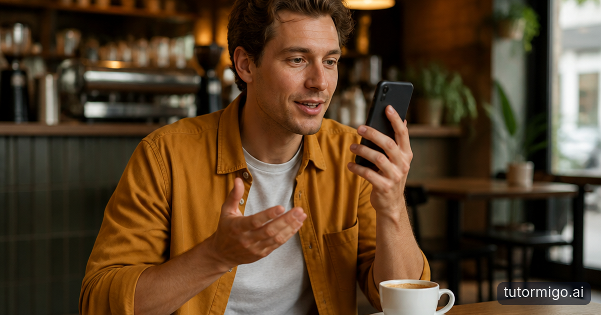 An adult traveler practices ordering coffee with a cheerful fox companion behind a café counter.