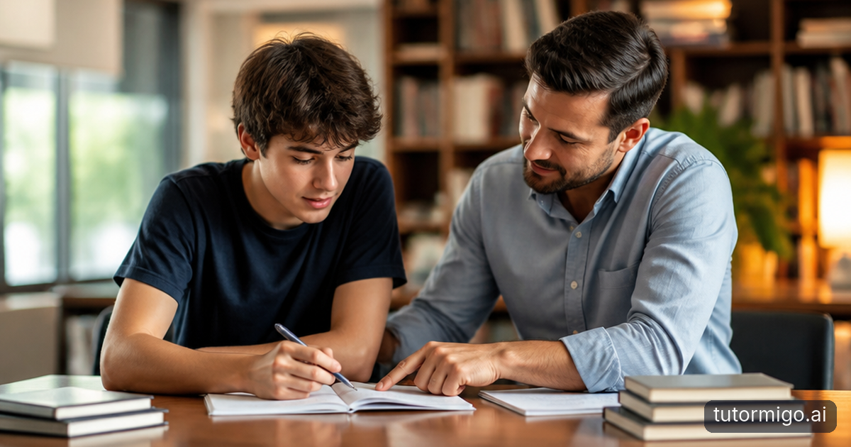 A high-school student and tutor review a marked practice response beside a timer and organized study papers.