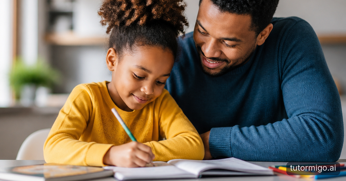 A parent and child calmly examine drawn math models together at a warmly lit kitchen table after dinner.