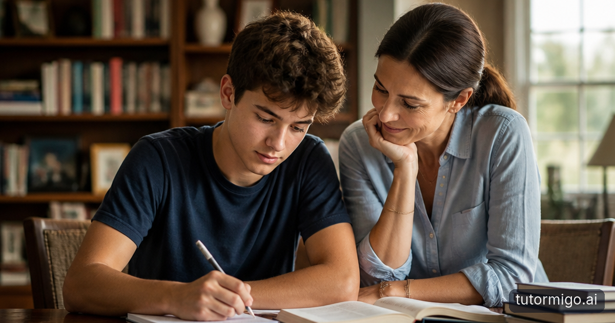 A high-school student and parent build a hands-on three-dimensional science model at a kitchen table while recording observations.
