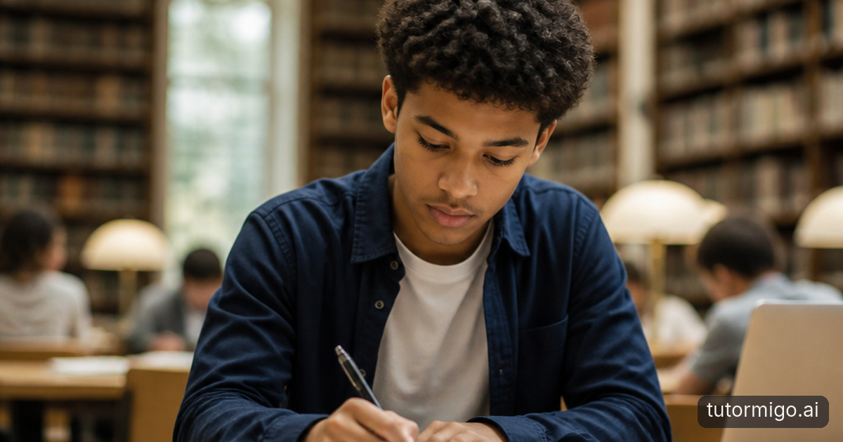 A student practices with flashcards at a kitchen table while a parent listens, separating recalled cards from those needing more practice.