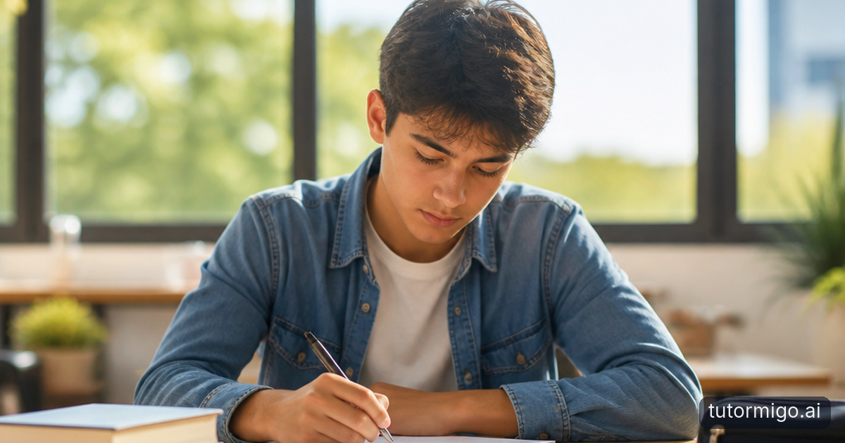 A parent and high-school student discuss an ACT practice notebook together at a warmly lit kitchen table.