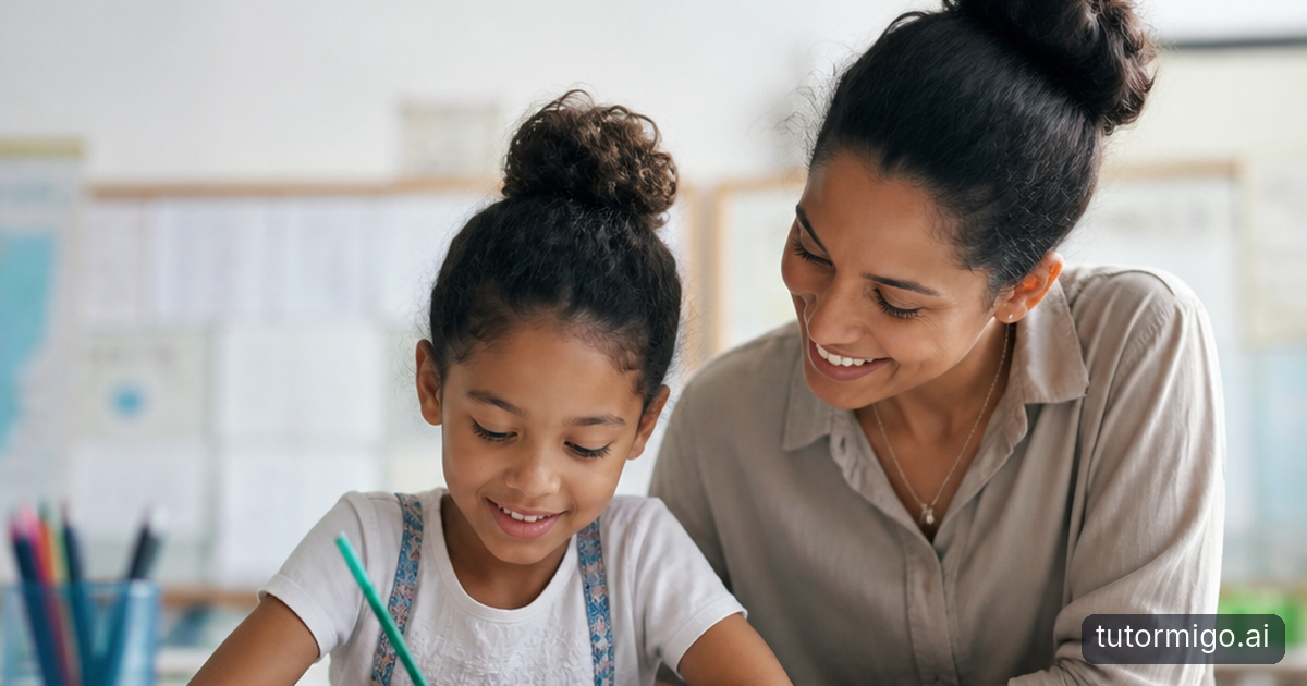 A parent and child review study cards at a kitchen table while a game controller rests on a nearby shelf.