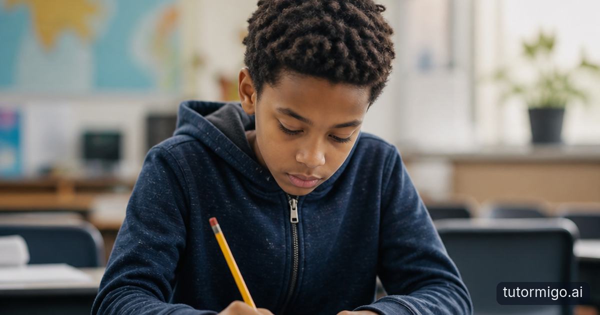 A student explains a challenging problem in a notebook while a parent watches supportively at a sunlit table.
