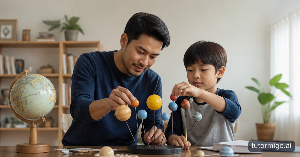 A parent and child organize simple learning materials together at a kitchen table during a calm evening routine.