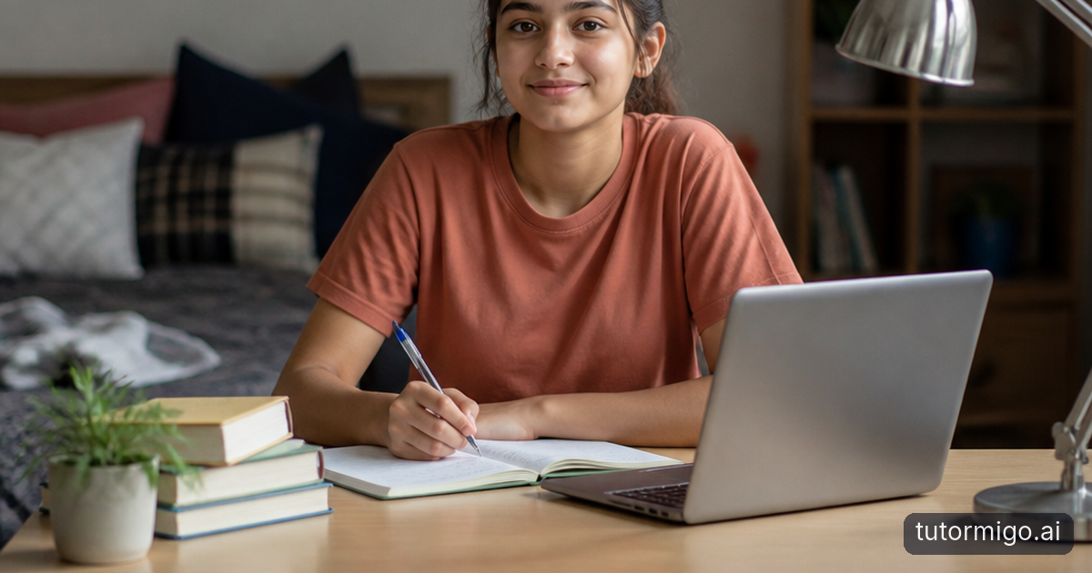 A student arranges revision cards beside an open workbook at a sunlit desk.