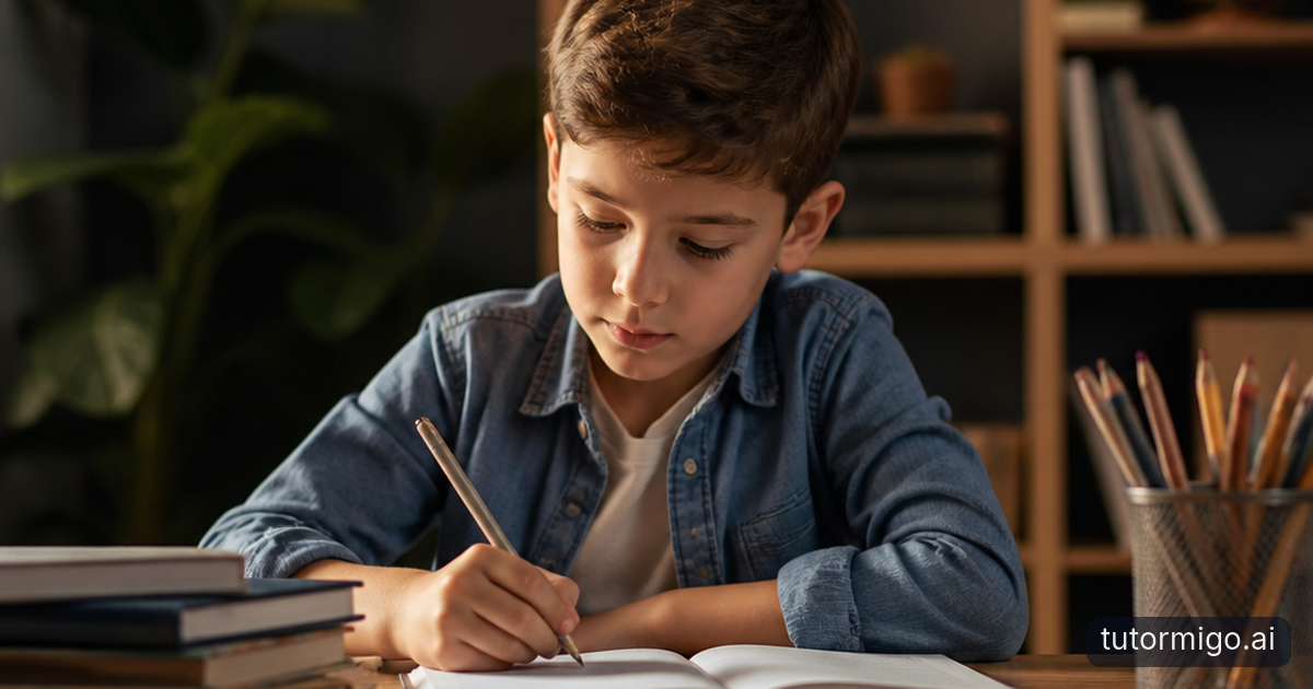 A parent sits patiently beside a child taking a calming breath during homework at a kitchen table.
