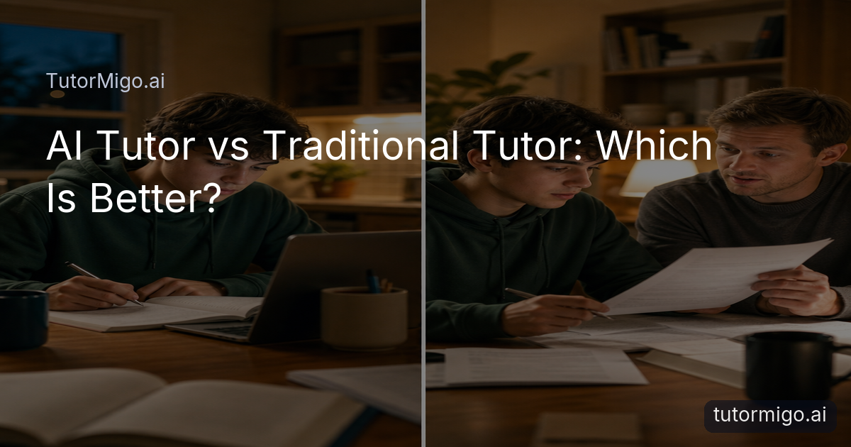 A student compares AI tutoring on a computer with guidance from a traditional tutor at a study table.