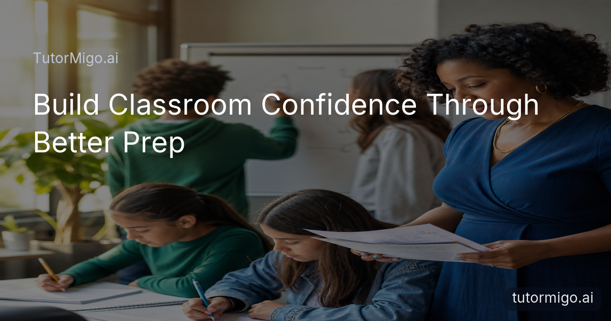 A teacher reviews a lesson plan while students work together in a bright classroom.