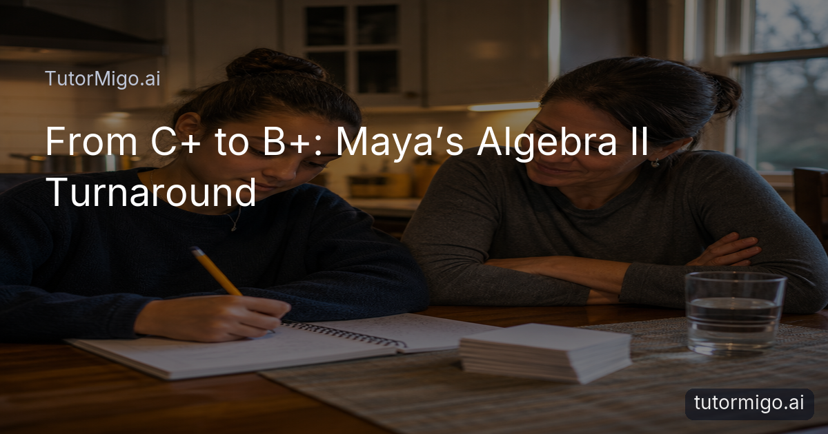 A high school student works through Algebra II problems at a kitchen table while a parent offers quiet support.