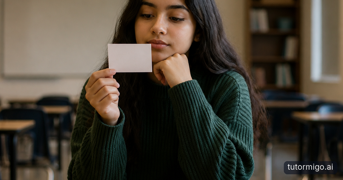 A student practices recalling an answer from a paper flashcard while a teacher observes beside several small stacks of cards.