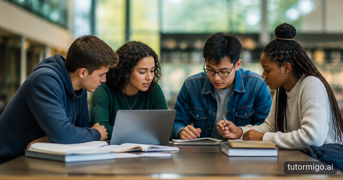 Four study partners in a library move from discussing a confusing problem to individual practice with notebooks, flashcards, and a whiteboard.