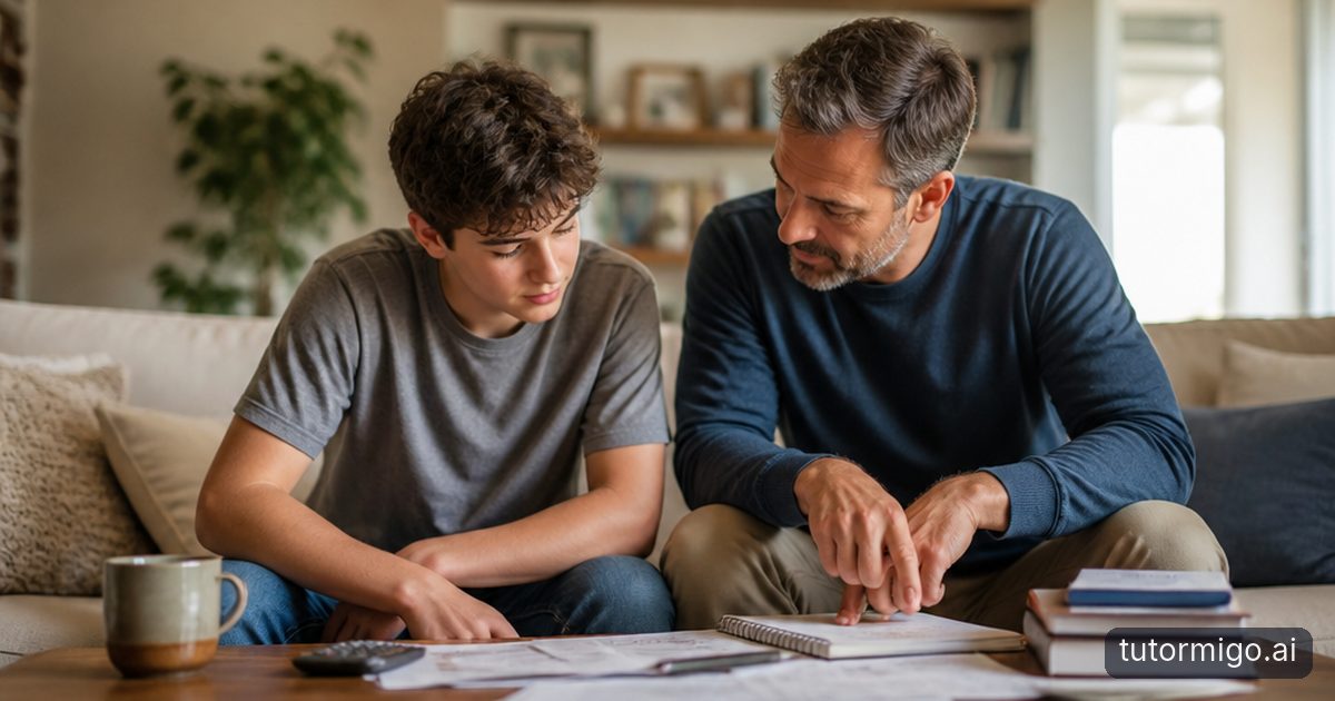 A teenager points to a practice question while a parent listens calmly at a warmly lit kitchen table.