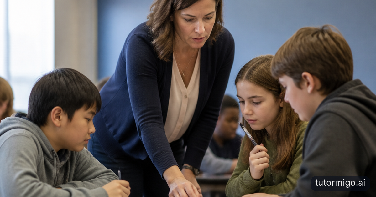 A teacher reviews student learning patterns while small groups work on different targeted activities in a classroom.