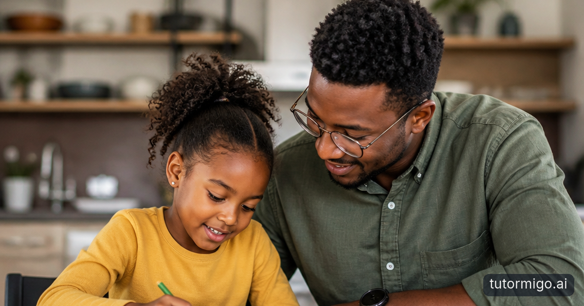 A parent watches supportively as their child sorts illustrated flashcards beside a homework notebook at a kitchen table.