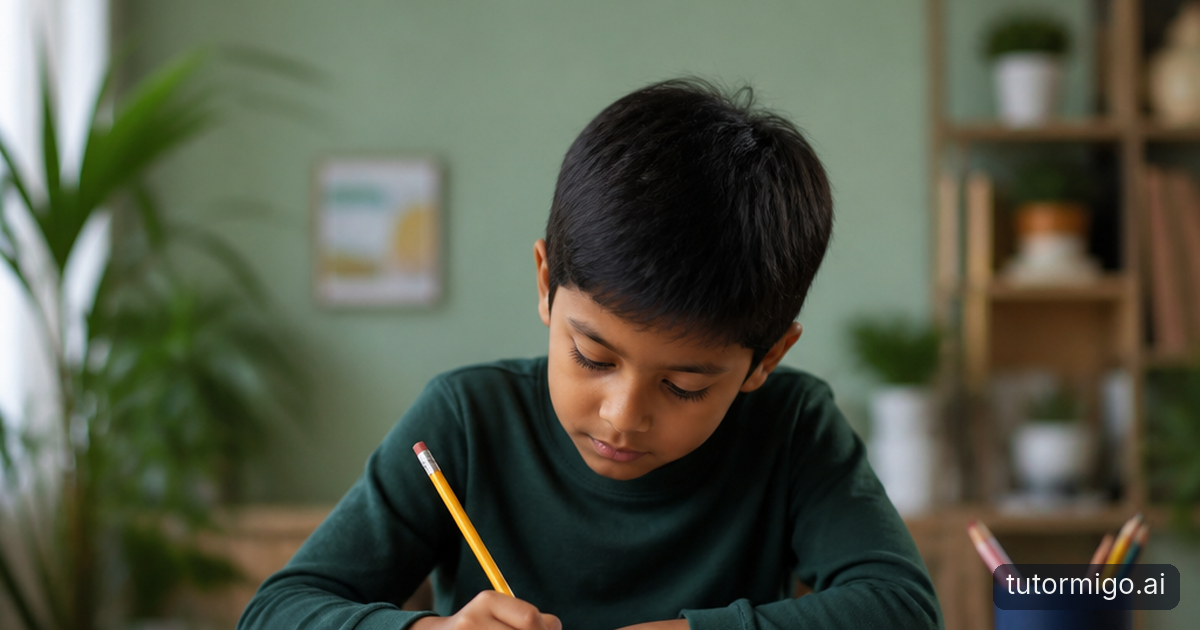 A child works independently in a notebook at the kitchen table while a parent remains nearby.
