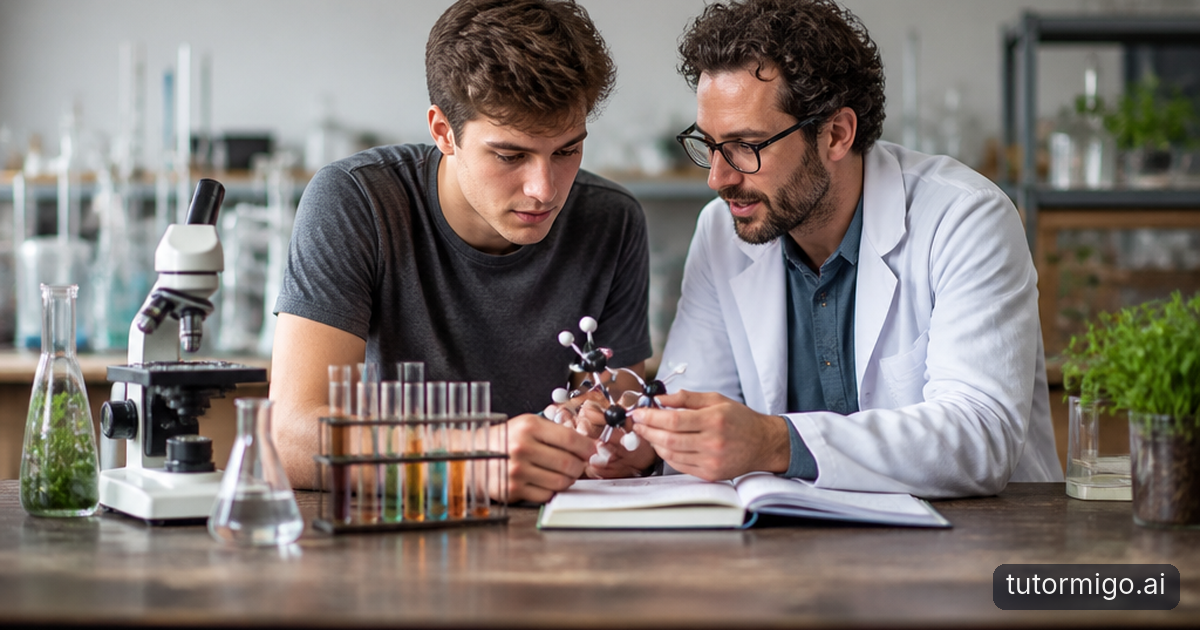 A student and teacher build illustrated science flashcards beside an open biology textbook in a warmly lit library.
