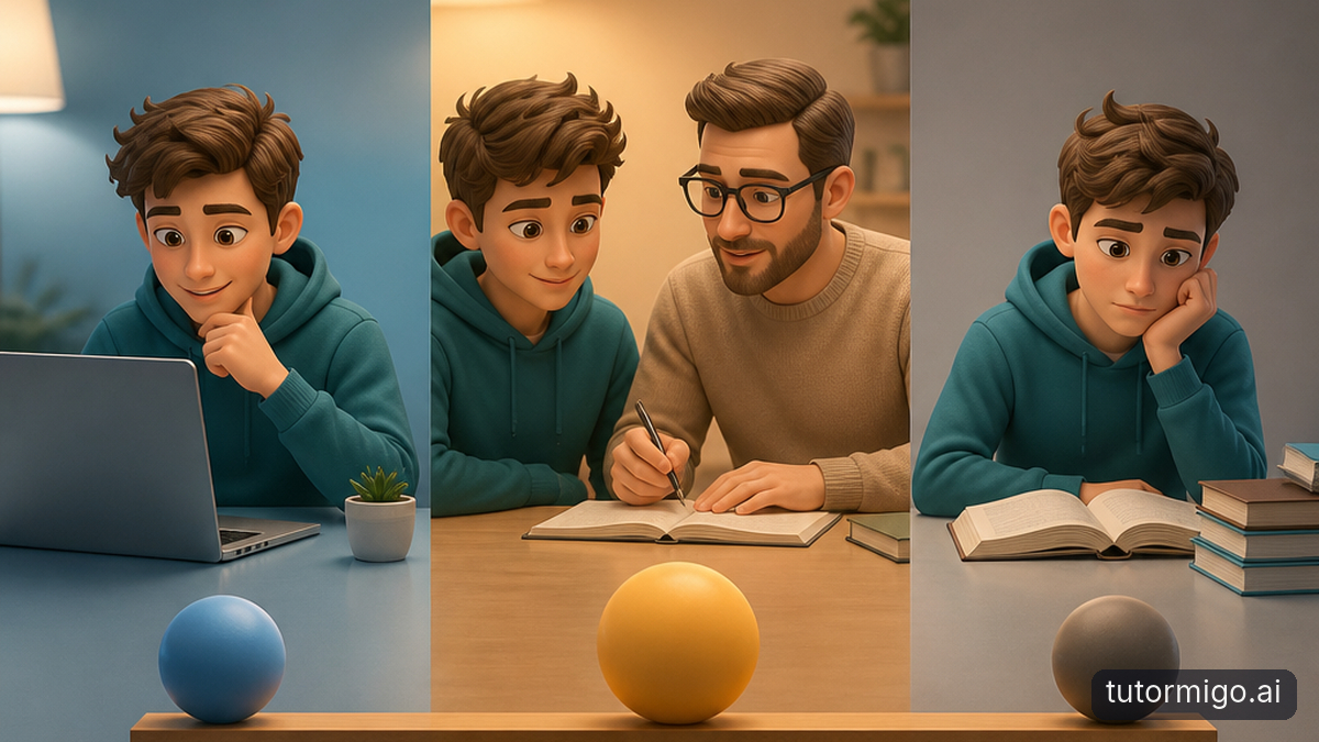 Illustration: AI Tutor vs. Human Tutor vs. Self-Study: A One-Minute Comparison